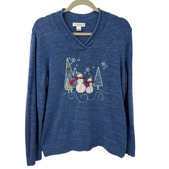 Christopher Banks Large Wintertime Christmas Sweater Blue Snowman Snowflake - Picture 8 of 8